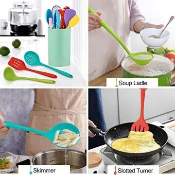 LIANYU 12-Piece Silicone Kitchen Cooking Utensils with Holder, Kitchen Tools Set Include Slotted Spatula Spoon Turner Ladle Tong Whisk, Dishwasher Safe, Multi Colored