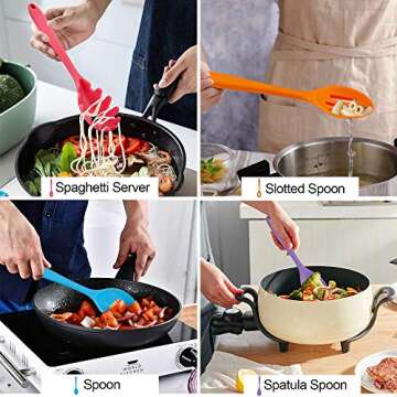 LIANYU 12-Piece Silicone Kitchen Cooking Utensils with Holder, Kitchen Tools Set Include Slotted Spatula Spoon Turner Ladle Tong Whisk, Dishwasher Safe, Multi Colored