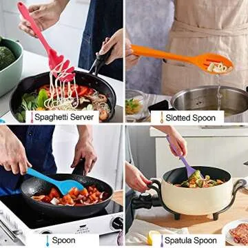 LIANYU 12-Piece Silicone Kitchen Cooking Utensils with Holder, Kitchen Tools Set Include Slotted Spatula Spoon Turner Ladle Tong Whisk, Dishwasher Safe, Multi Colored