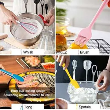 LIANYU 12-Piece Silicone Kitchen Cooking Utensils with Holder, Kitchen Tools Set Include Slotted Spatula Spoon Turner Ladle Tong Whisk, Dishwasher Safe, Multi Colored