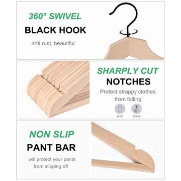 Amber Home Natural Stylish Thin Solid Wooden Suit Hangers 24 Pack, Non-Lacquer Slim Wood Coat Jacket Hanger with Pants Bar, Extra Space Saving Clothes Hanger for Dress, Pant, Shirt (Natural, 24)