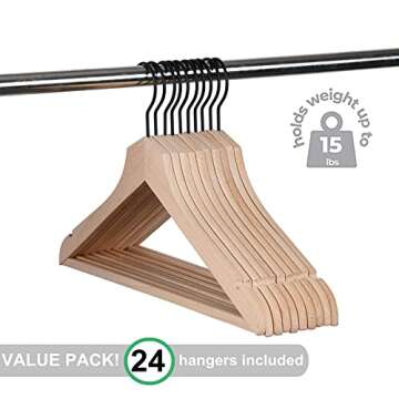 Amber Home Natural Stylish Thin Solid Wooden Suit Hangers 24 Pack, Non-Lacquer Slim Wood Coat Jacket Hanger with Pants Bar, Extra Space Saving Clothes Hanger for Dress, Pant, Shirt (Natural, 24)