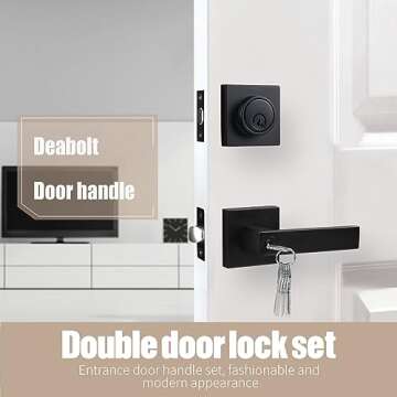 Exterior Door Lock Set with Single Cylinder Deadbolt Lock-Square Entry Door Locksets with Deadbolt Mattle Black Front Door Lock Set,Keyed Alike Front Door Handle and Deadbolt Set