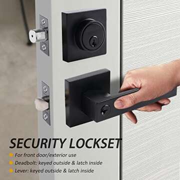 Exterior Door Lock Set with Single Cylinder Deadbolt Lock-Square Entry Door Locksets with Deadbolt Mattle Black Front Door Lock Set,Keyed Alike Front Door Handle and Deadbolt Set