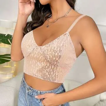Giovacker Women's Sexy V-Neck Spaghetti Strap Sparkle Sequined Crop Tops Tube Top Bustier Tank Rave Clubwear