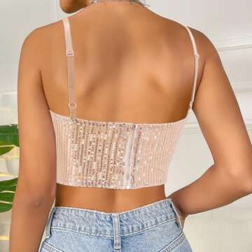 Giovacker Women's Sexy V-Neck Spaghetti Strap Sparkle Sequined Crop Tops Tube Top Bustier Tank Rave Clubwear