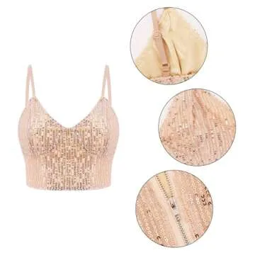 Giovacker Women's Sexy V-Neck Spaghetti Strap Sparkle Sequined Crop Tops Tube Top Bustier Tank Rave Clubwear