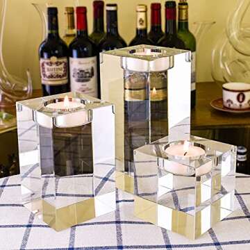 Le Sens Amazing Home Large Crystal Candle Holders Set of 3, 2.7/4.3/5.9 inches, Prepackaged Huge Big Elegant Heavy Solid Square Tealight Holders Set Centerpiece for Home Decor