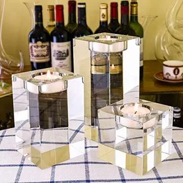 Le Sens Amazing Home Large Crystal Candle Holders Set of 3, 2.7/4.3/5.9 inches, Prepackaged Huge Big Elegant Heavy Solid Square Tealight Holders Set Centerpiece for Home Decor