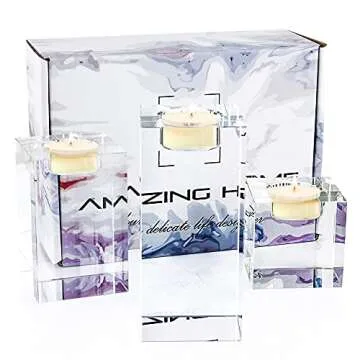 Le Sens Amazing Home Large Crystal Candle Holders Set of 3, 2.7/4.3/5.9 inches, Prepackaged Huge Big Elegant Heavy Solid Square Tealight Holders Set Centerpiece for Home Decor