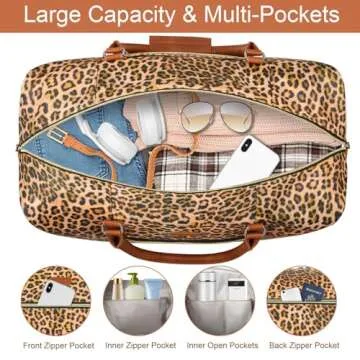 Weekender Bag for Women, Travel Duffel Bag Carry On Overnight Bag with Shoe Compartment Large Nylon Travel Tote Bag 21.5" with Toiletry Bag for Traveling Business Weekend Trip Gift 3Pcs Set, 4-Leopard