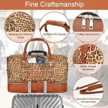 Weekender Bag for Women, Travel Duffel Bag Carry On Overnight Bag with Shoe Compartment Large Nylon Travel Tote Bag 21.5" with Toiletry Bag for Traveling Business Weekend Trip Gift 3Pcs Set, 4-Leopard