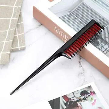 Leinuosen 3 Pcs Triple Teasing Comb Rat Tail Tool Tease Layers Pintail Comb for Women Back Root Teaser Adding Volume Structure Styling(Black and Red)