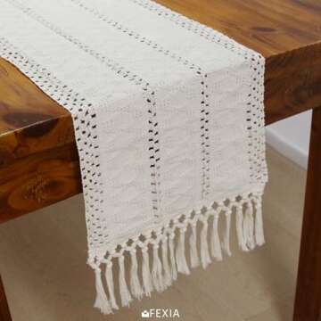 FEXIA Boho Macrame Table Runner with Tassels 72 Inches Long Cream Table Runner for Farmhouse Home Decor Table Runner for Bohemian Dining Bedroom Decor Rustic Bridal Shower (12x72 Inches)