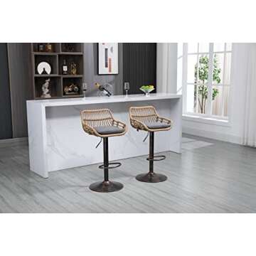 Kakotito Rattan Bar Stools, Adjustable Barstools with Linen Cushion, 360° Swivel Bar Stool with Low...