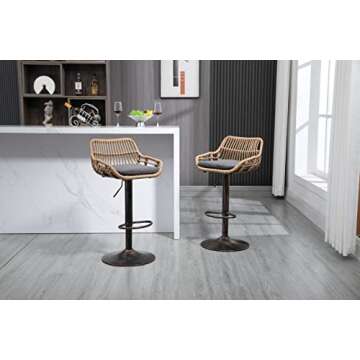 Kakotito Rattan Bar Stools, Adjustable Barstools with Linen Cushion, 360° Swivel Bar Stool with Low Back & Footrest, Classical Barstool Set of 2 for Kitchen and Bar (Gray)