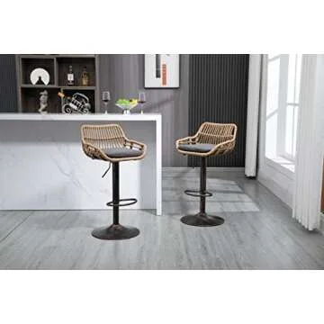 Kakotito Rattan Bar Stools, Adjustable Barstools with Linen Cushion, 360° Swivel Bar Stool with Low Back & Footrest, Classical Barstool Set of 2 for Kitchen and Bar (Gray)