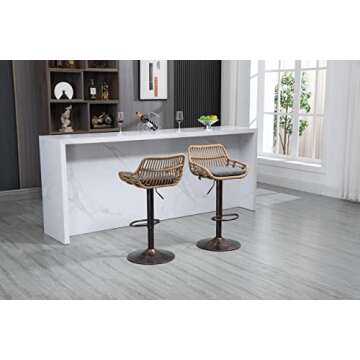 Kakotito Rattan Bar Stools, Adjustable Barstools with Linen Cushion, 360° Swivel Bar Stool with Low Back & Footrest, Classical Barstool Set of 2 for Kitchen and Bar (Gray)