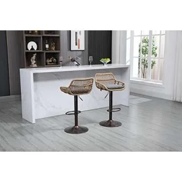 Kakotito Rattan Bar Stools, Adjustable Barstools with Linen Cushion, 360° Swivel Bar Stool with Low Back & Footrest, Classical Barstool Set of 2 for Kitchen and Bar (Gray)