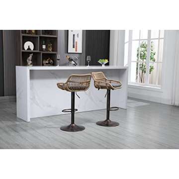 Kakotito Rattan Bar Stools, Adjustable Barstools with Linen Cushion, 360° Swivel Bar Stool with Low Back & Footrest, Classical Barstool Set of 2 for Kitchen and Bar (Gray)