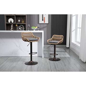 Kakotito Rattan Bar Stools, Adjustable Barstools with Linen Cushion, 360° Swivel Bar Stool with Low Back & Footrest, Classical Barstool Set of 2 for Kitchen and Bar (Gray)