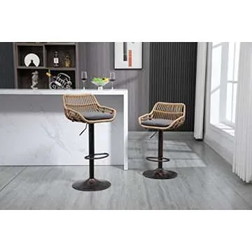 Kakotito Rattan Bar Stools, Adjustable Barstools with Linen Cushion, 360° Swivel Bar Stool with Low Back & Footrest, Classical Barstool Set of 2 for Kitchen and Bar (Gray)