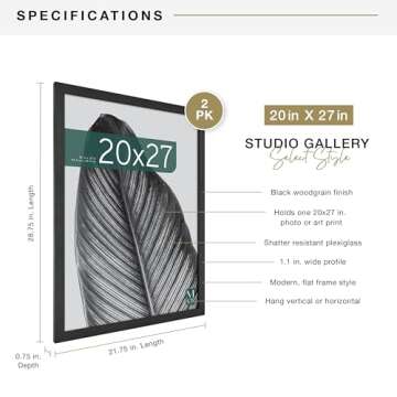 MCS Studio Gallery 20x27 Poster Frame Black Woodgrain, Vertical & Horizontal Wall Hanging Large Picture Frame for Photos, Posters & Art Prints (2-Pack)