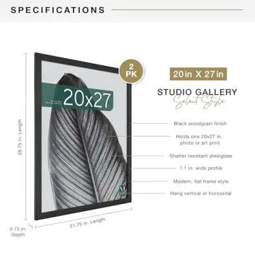 MCS Studio Gallery 20x27 Poster Frame Black Woodgrain, Vertical & Horizontal Wall Hanging Large Picture Frame for Photos, Posters & Art Prints (2-Pack)