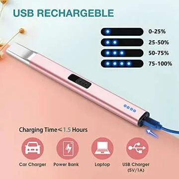 Candle Lighter USB Rechargeable Electric Arc Lighter Windproof Flameless Plasma Lighters Long Grill Lighter with Battery Indicator for Candle,BBQ,Kitchen,Fireworks (Rose Gold)
