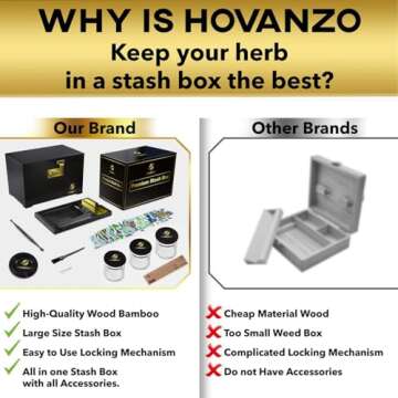 HOVANZO Premium Large Bamboo Box - Decorative Box Wooden Locking Storage Box with Rolling Tray - Decorative Wood Box for Herbs and Accessories - Decorative Box Set with Combination Lock