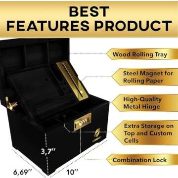 HOVANZO Premium Large Bamboo Box - Decorative Box Wooden Locking Storage Box with Rolling Tray - Decorative Wood Box for Herbs and Accessories - Decorative Box Set with Combination Lock