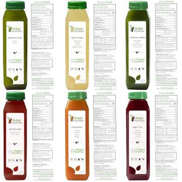 3 Day Juice Cleanse by Raw Fountain, Tropical Flavors, All Natural Raw, Cold Pressed Fruit and Vegetable Juices, Detox Cleanse, 18 Bottles 12oz, 3 Bonus Ginger Shots