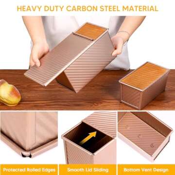 MOJIEZUO 2PCS Pullman Loaf Pan with Lid, 1 lb & 0.5 lb Dough Capacity Non-Stick Bakeware for Baking Bread, Carbon Steel Corrugated Bread Toast Box with Cover for Homemade Sandwich Bread, Rose Gold