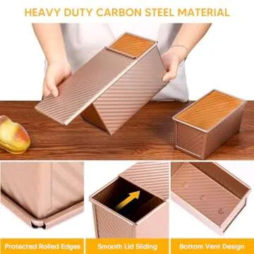 MOJIEZUO 2PCS Pullman Loaf Pan with Lid, 1 lb & 0.5 lb Dough Capacity Non-Stick Bakeware for Baking Bread, Carbon Steel Corrugated Bread Toast Box with Cover for Homemade Sandwich Bread, Rose Gold