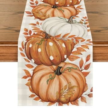 Artoid Mode Buffalo Plaid Orange Pumpkins Eucalyptus Fall Table Runner, Autumn Thanksgiving Kitchen ...