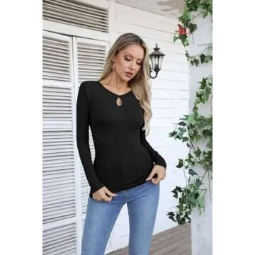 VICHYIE Womens Long Sleeve Shirts Cutout Neck Keyhole Slim Fitted Fall Ribbed Knit T-Shirt Sexy Trendy Tops Black S