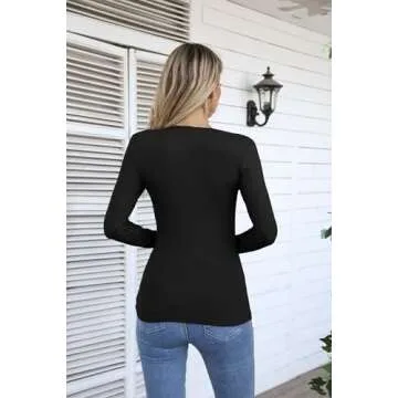 VICHYIE Womens Long Sleeve Shirts Cutout Neck Keyhole Slim Fitted Fall Ribbed Knit T-Shirt Sexy Trendy Tops Black S