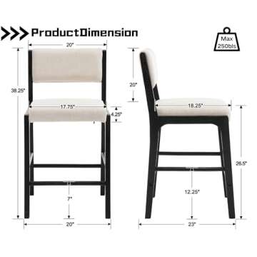 26.5’’ Counter Height Bar Stools Set of 2, Modern Counter Stools with Backs Beige Linen Upholste...