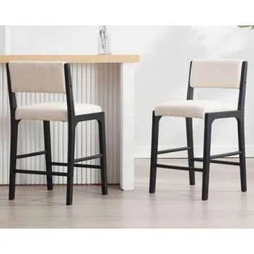 26.5’’ Counter Height Bar Stools Set of 2, Modern Counter Stools with Backs Beige Linen Upholstered Bar Height Island Chairs with Black Wood Frame, Black Wooden Barstools for Kitchen Island Counter