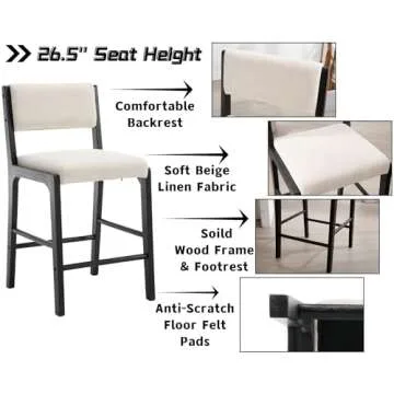 26.5’’ Counter Height Bar Stools Set of 2, Modern Counter Stools with Backs Beige Linen Upholstered Bar Height Island Chairs with Black Wood Frame, Black Wooden Barstools for Kitchen Island Counter
