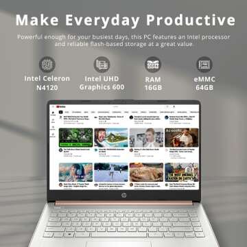 HP Stream 14" HD BrightView Laptop, Intel Celeron N4120 Processor, 16GB RAM, 64GB SSD, Intel UHD Gra...
