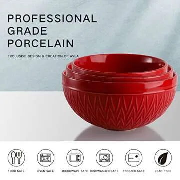 AVLA Porcelain Mixing Bowls for Kitchen, 3/1.8/1.2 Qt Ceramic Large Serving Salad Soup Bowl Set, Deep Nesting Bowl for Space Saving, 3-Piece Set, Microwave and Dishwasher Safe, Red