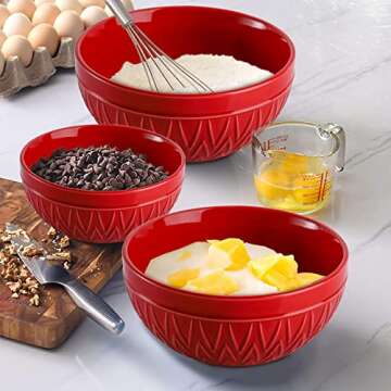 AVLA Porcelain Mixing Bowls for Kitchen, 3/1.8/1.2 Qt Ceramic Large Serving Salad Soup Bowl Set, Deep Nesting Bowl for Space Saving, 3-Piece Set, Microwave and Dishwasher Safe, Red