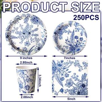 Dandat 250 Pcs Blue Floral Tableware Set for 50 Guests