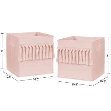 Sweet Jojo Designs Pink Boho Bohemian Foldable Fabric Storage Cube Bins Boxes Organizer Toys Kids Baby Childrens - Set of 2 - Solid Color Blush Shabby Chic Luxury Vintage Designer Tassel Fringe