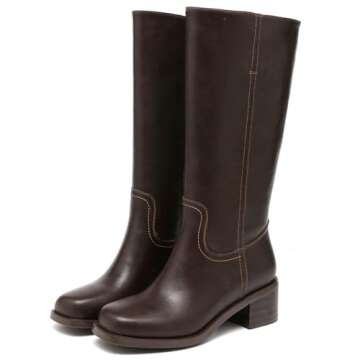 JOKACEAR Women's Knee High Boots with Chunky Block Heel and Square Toe