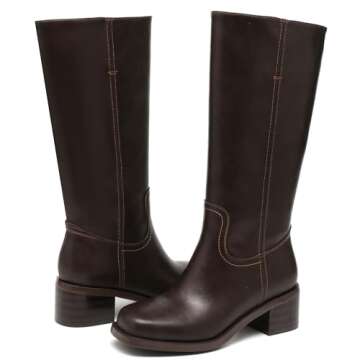 JOKACEAR Women's Knee High Boots with Chunky Block Heel and Square Toe