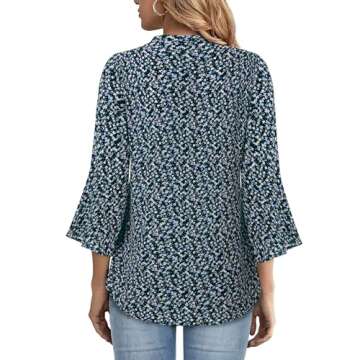 Gaharu Blouse Fall Blouses for Women Fashion 2025 Workwear Tops Ladies Elbow Length 3 4 Sleeve Tunic Shirts Mandarin Collar V Neck Formal Professional Blouse Elegant Floral Printed Sky Blue Flower,L