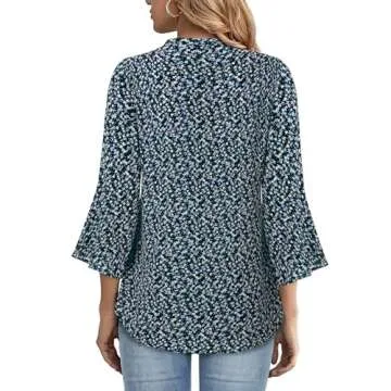 Gaharu Blouse Fall Blouses for Women Fashion 2025 Workwear Tops Ladies Elbow Length 3 4 Sleeve Tunic Shirts Mandarin Collar V Neck Formal Professional Blouse Elegant Floral Printed Sky Blue Flower,L