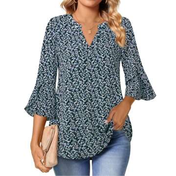 Gaharu Blouse Fall Blouses for Women Fashion 2025 Workwear Tops Ladies Elbow Length 3 4 Sleeve Tunic Shirts Mandarin Collar V Neck Formal Professional Blouse Elegant Floral Printed Sky Blue Flower,L